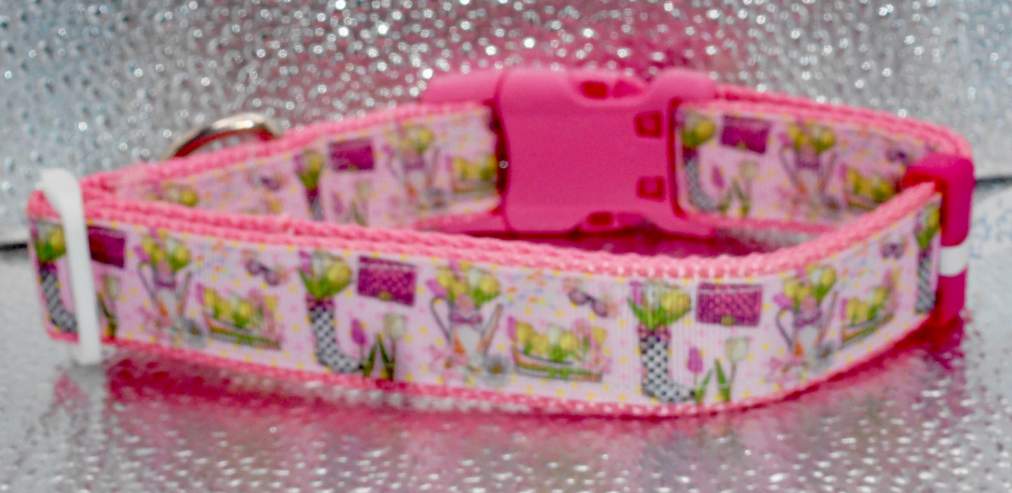 Gardening Adjustable Dog Collar Handmade Boots Flowers Fun Pink