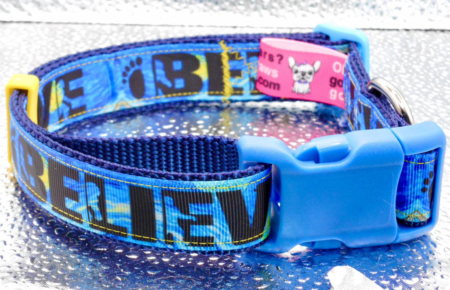 Believe Bigfoot Adjustable Dog Collar blue And Yellow Size 15 1/2”-22 3/4” New