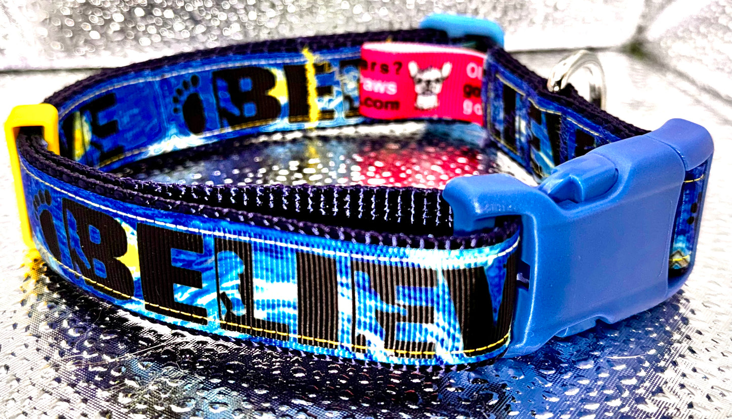Believe Bigfoot Adjustable Dog Collar blue And Yellow Size 15 1/2”-22 3/4” New