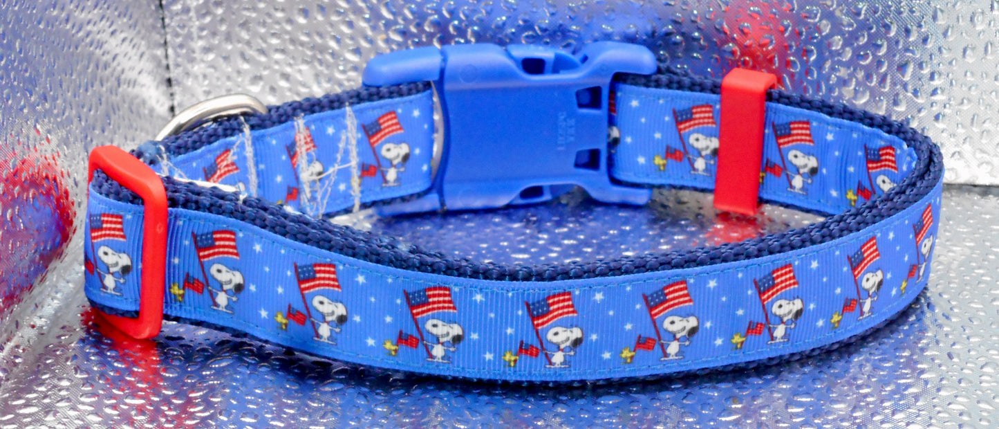 Snoopy W Flag Adjustable Dog Collar Red White Blue  Handmade 15 1/2”-22 NEW