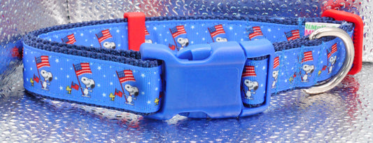 Snoopy W Flag Adjustable Dog Collar Red White Blue  Handmade 15 1/2”-22 NEW