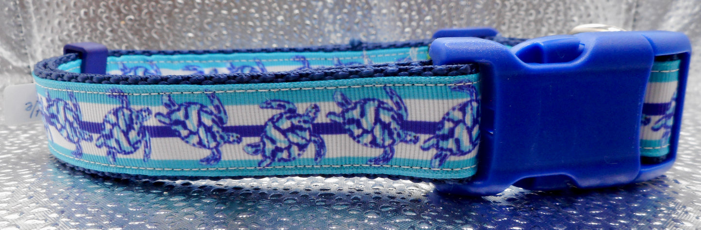Sea Turtle Adjustable Dog Collars light Aqua and Royal Blue Handmade