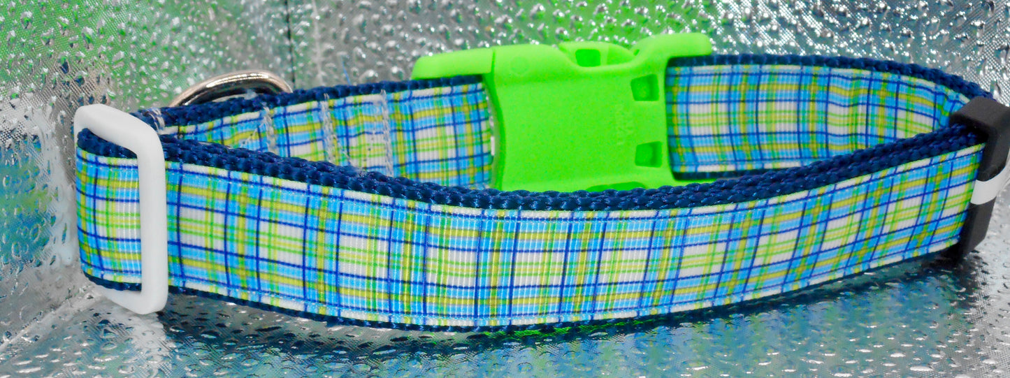 Blue and Green Plaid Adjustable Dog Collars light Handmade