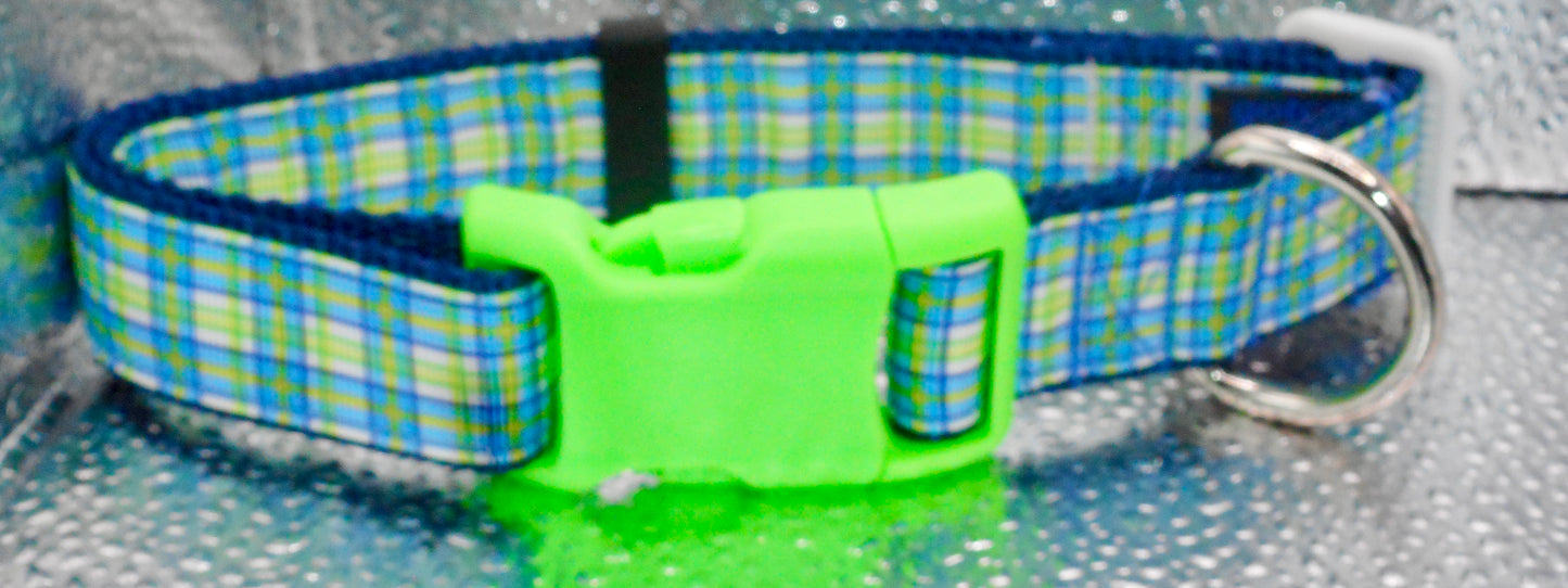 Blue and Green Plaid Adjustable Dog Collars light Handmade