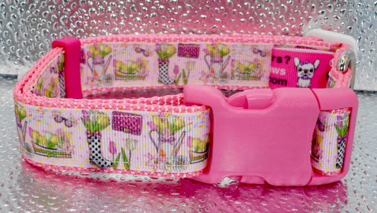 Gardening Adjustable Dog Collar Handmade Boots Flowers Fun Pink