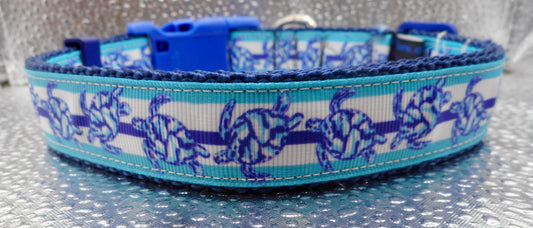 Sea Turtle Adjustable Dog Collars light Aqua and Royal Blue Handmade