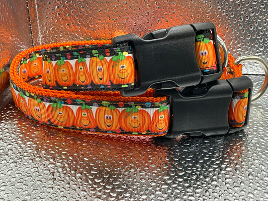 Jack O Lantern Adjustable Dog Collar Funny Faces Halloween Orange