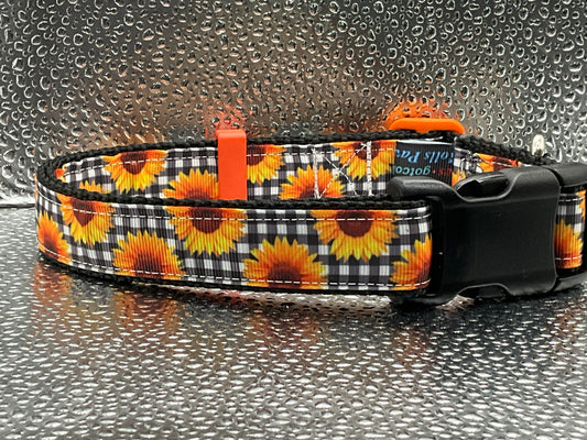 Sunflower Adjustable Dog Collar on black and white checker pattern New Fall colors